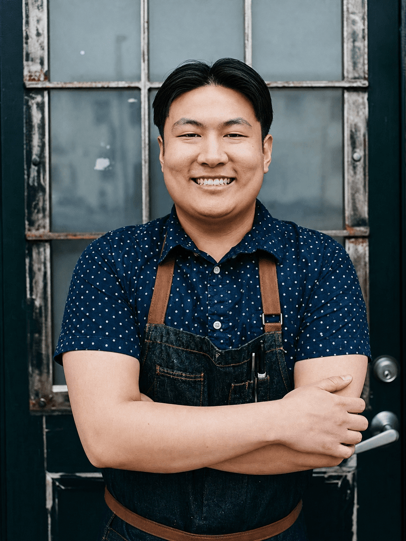 Chef Eric Pham, owner of Khue's Kitchen, standing with arms crossed and smiling in front of a rustic door.
