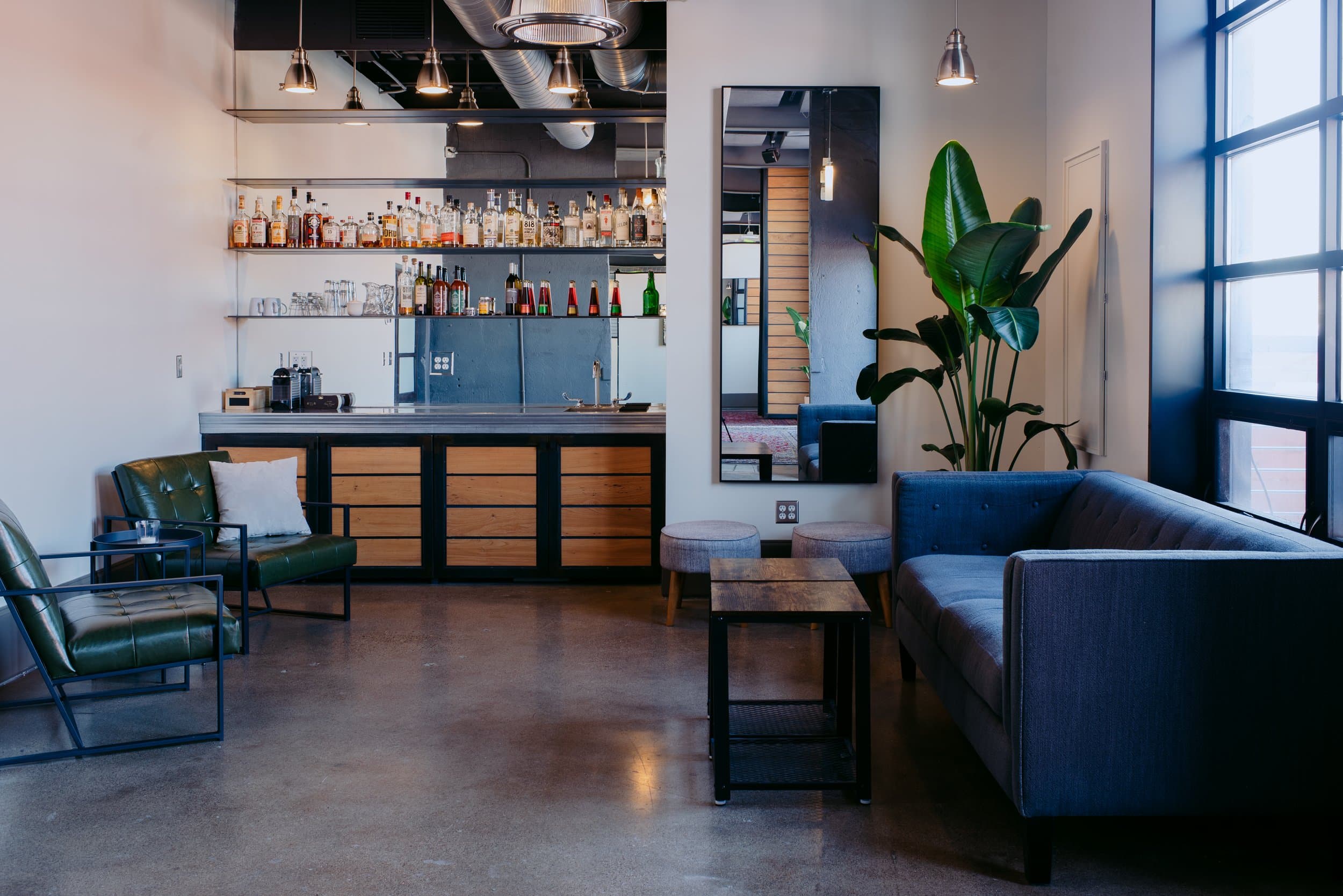 Contemporary bar area with a sleek countertop, stylish liquor display, and tall potted plants adding a touch of greenery.
